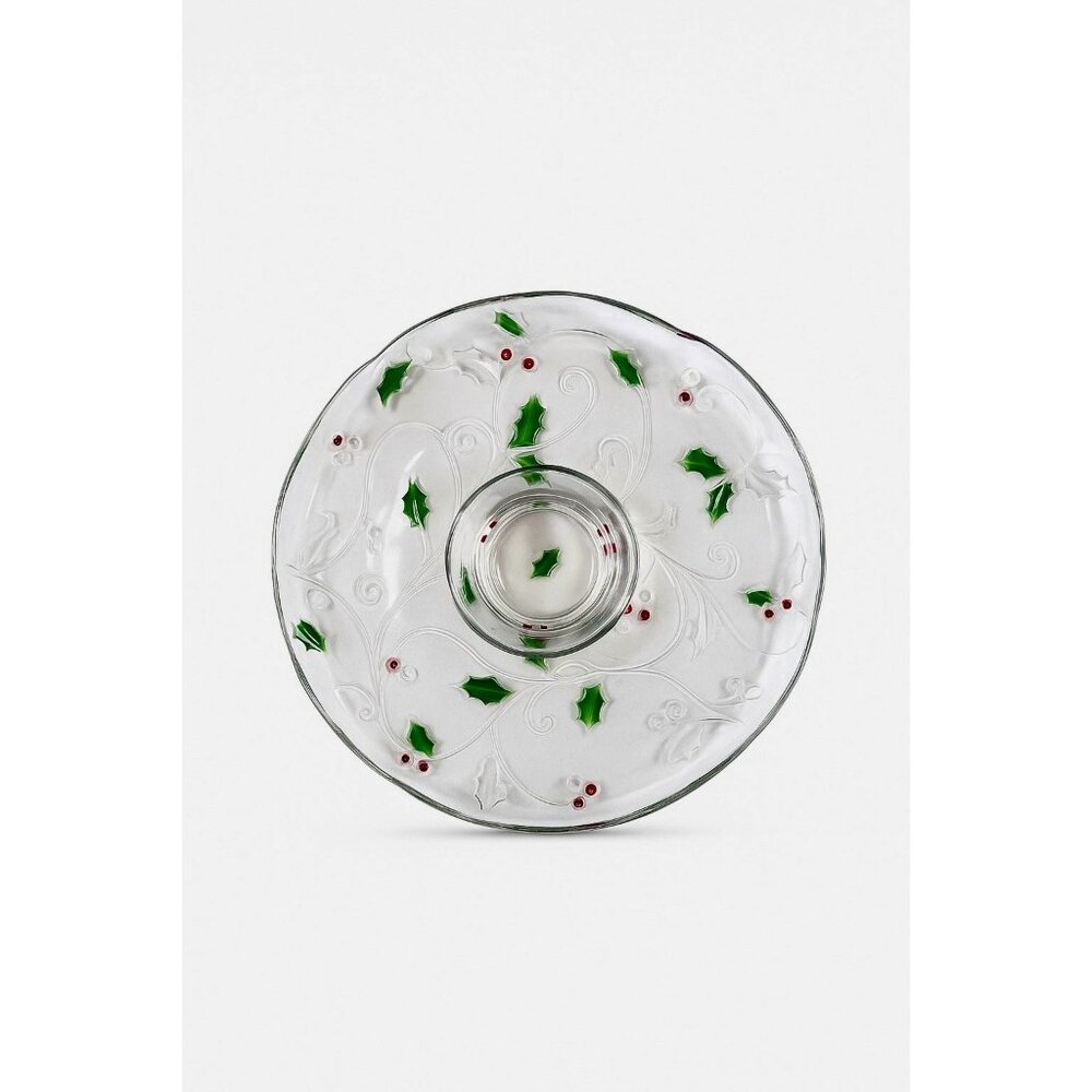 Christmas Chip and Dip Server Tray Celebtations Mikasa Merry Holly Clear Glass 1